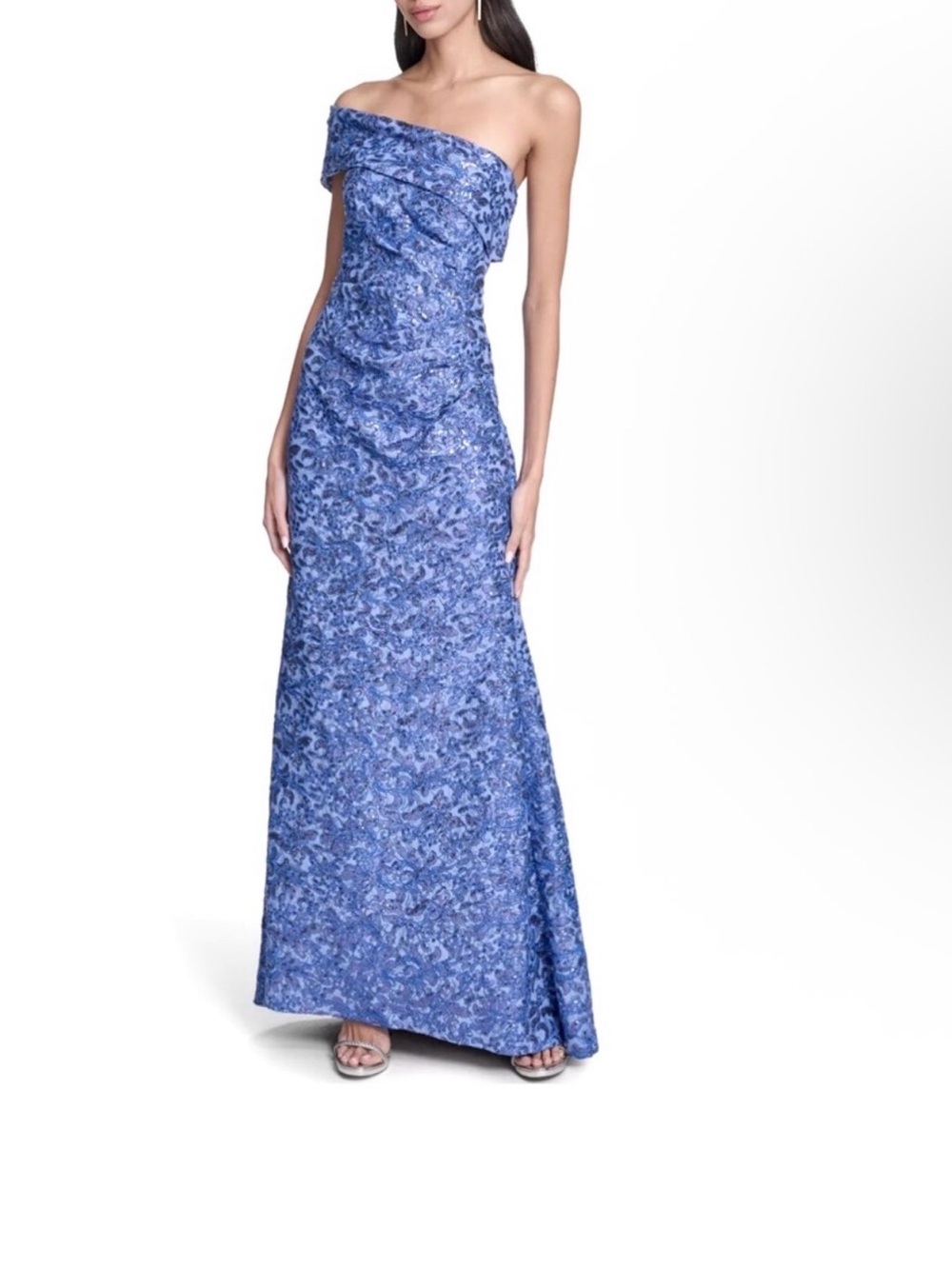 Eliza J Strapless Blue Floral Jacquard Evening Gown